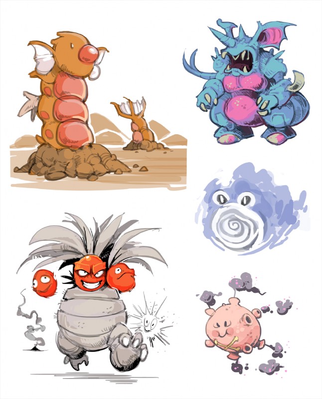 ambiguous_gender biped blue_body brown_body dirt fusion grey_body group pink_body pokemon_fusion purple_body red_body simple_background walking white_background bummersault fakemon nintendo pokemon bat clefairy exeggutor gastly generation_1_pokemon gyarados hybrid koffing mammal nidoking pokemon_(species) poliwhirl voltorb weedle zubat 2016 hi_res