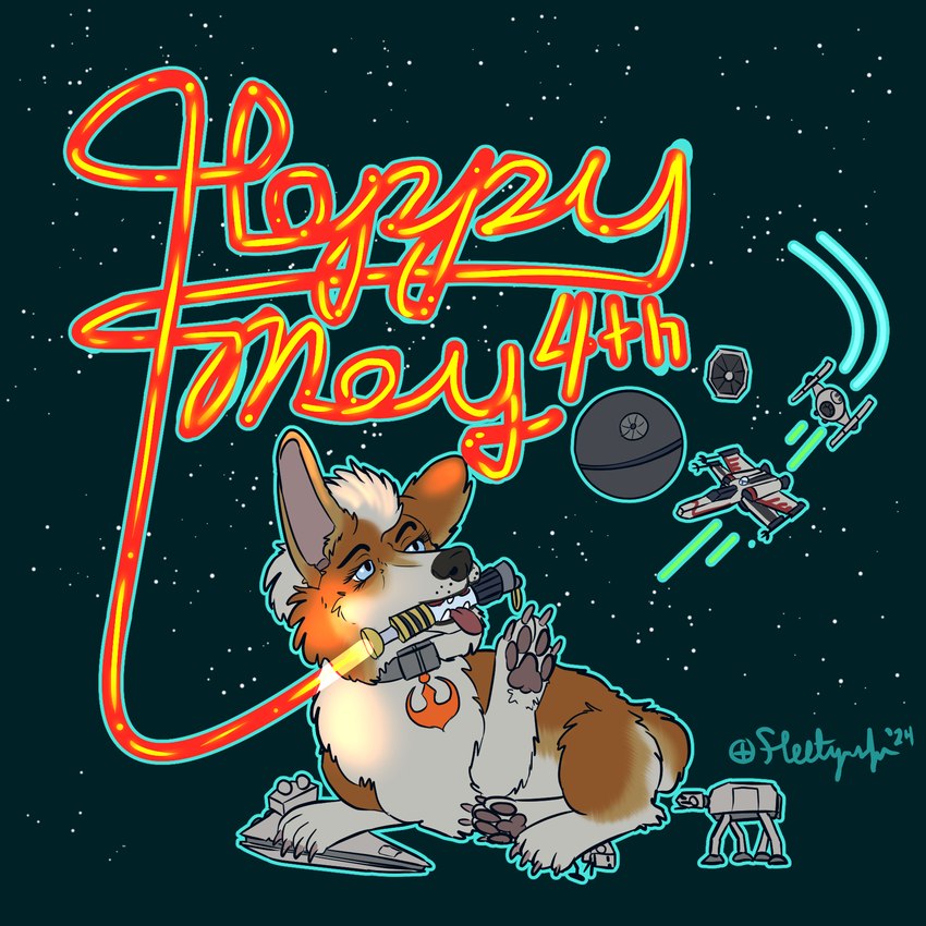 death_star lightsaber melee_weapon mohawk tie_fighter walker weapon x-wing fleety_(artist) may_the_4th star_wars canid canine canis domestic_dog herding_dog mammal pastoral_dog welsh_corgi 1:1 2024 hi_res