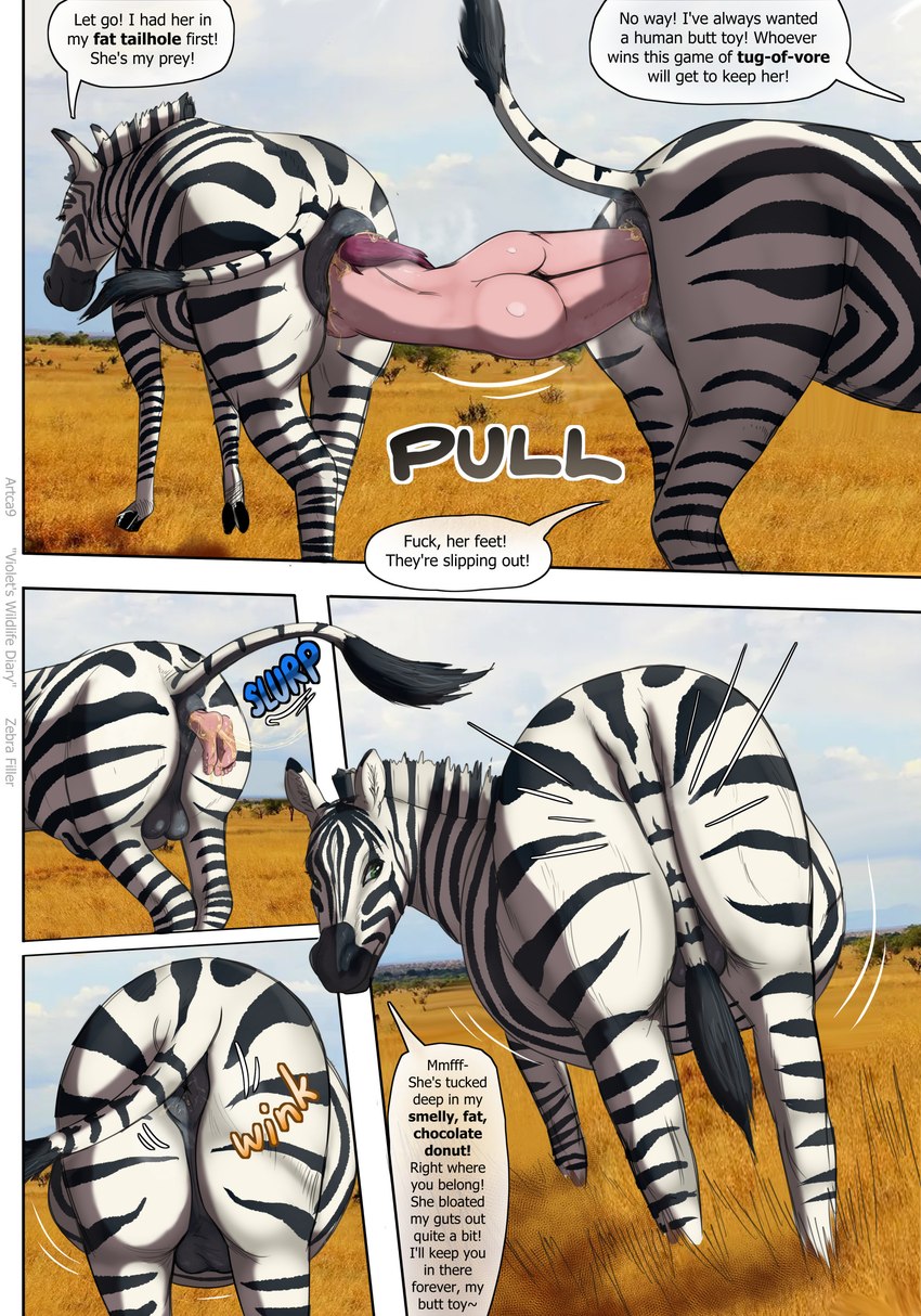 anal anal_penetration anal_transfer anal_vore anus balls bestiality big_anus big_butt body_part_in_ass breasts butt comic_panel dialogue equine_anus female feral feral_pred genitals group hooves huge_anus human_on_feral human_prey interspecies male male/female male_pred nipples penetration permanent profanity puffy_anus raised_tail soft_vore speech_bubble striped_body stripes tail tail_anus text trio tug_of_vore tug_of_war vore artca9 violet_(artca9) equid equine human mammal zebra absurd_res comic english_text hi_res