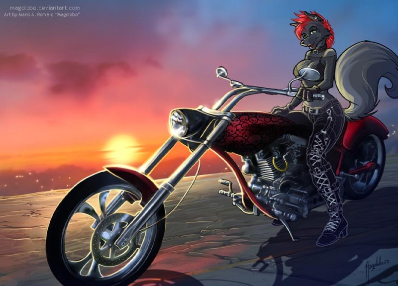 black_nose boots clothed clothing collar ear_piercing female footwear fur green_eyes hair high_heeled_boots high_heels midriff motorcycle open_mouth outside piercing red_hair shoes short_hair solo text vehicle magolobo canid canine mammal 2011 url