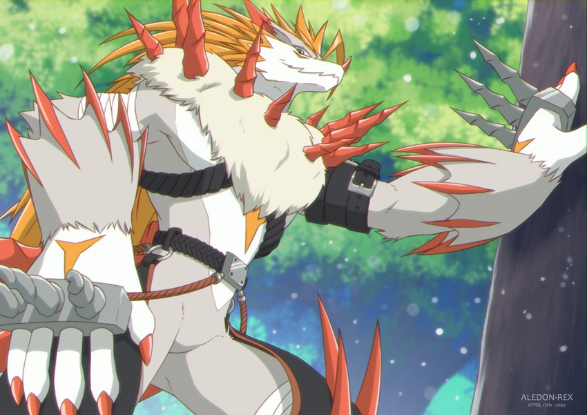 anthro belt brass_knuckles featureless_crotch green_eyes hair male melee_weapon muscular muscular_anthro muscular_male orange_hair outside pecs quills_(anatomy) solo spikes weapon aledonrex bandai_namco digimon digimon_(species) stefilmon