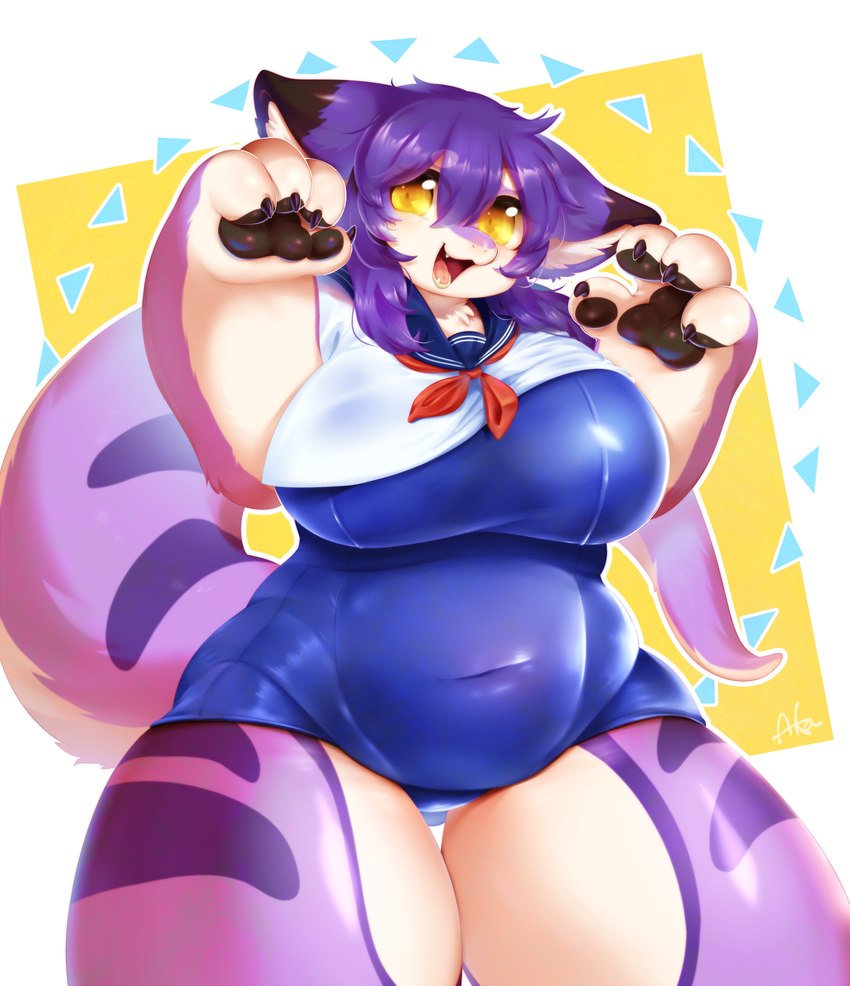 anthro belly big_breasts breasts clothing female fur hair huge_thighs looking_at_viewer one-piece_swimsuit open_mouth overweight overweight_anthro overweight_female purple_body purple_fur purple_hair solo stripes swimwear thick_thighs yellow_eyes missaka tsukiyo 2018 hi_res