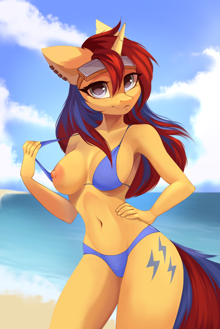 anthro anthrofied beach bikini bikini_bottom bikini_top breasts clothing cloud cutie_mark ear_piercing ear_ring eyewear eyewear_on_head female flashing goggles goggles_on_head hair horn looking_at_viewer multicolored_hair multicolored_tail navel nipples outside piercing pulling_bra ring_piercing sand sea seaside solo sunny swimwear tail two-piece_swimsuit water yellow_body u_lu_lu hasbro my_little_pony mythology fan_character sweet_voltage equid equine horse mammal mythological_creature mythological_equine pony unicorn absurd_res hi_res