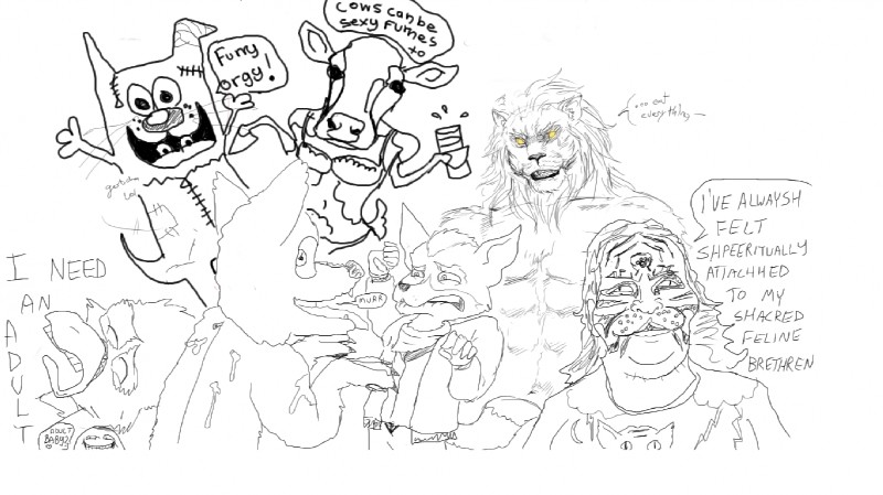 anthro clothing costume fursuit group humor male simple_background tail white_background fredryk_phox nintendo paintchat star_fox falco_lombardi fox_mccloud stalking_cat avian bovid bovine canid canine cattle felid fox lion mammal pantherine digital_drawing_(artwork) digital_media_(artwork) monochrome sketch