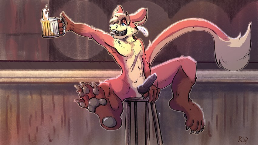 alcohol anthro beer beer_mug beverage blonde_highlights blue_eyes bodily_fluids brown_hair container cup dripping ear_piercing ear_ring erection feather_jewelry feet fluffy fluffy_tail foot_focus fur furniture genital_fluids genitals hair heel_pad highlights_(coloring) knot knotted_penis male mug nude nude_anthro pawpads paws penis piercing plantigrade precum precum_drip red_body red_fur ring_piercing scar solo stool tail tail_tuft tan_body tan_fur tavern tuft rdy zgf_art kalani_darrow ferrin 16:9 2024 4k absurd_res hi_res widescreen