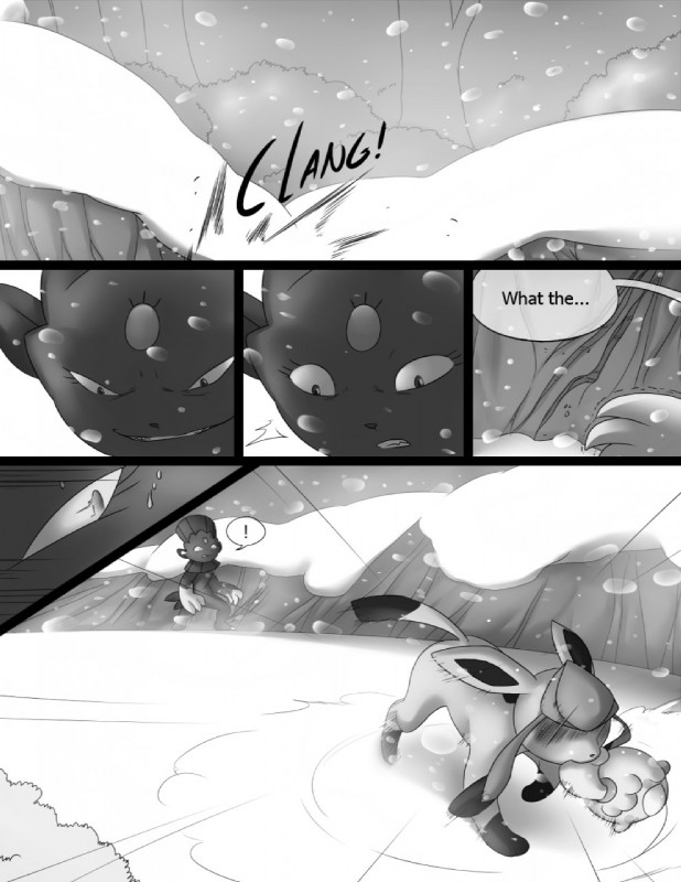 claws dialogue digitigrade female feral male quadruped snow tail text winter tderek99 nintendo pokemon eeveelution generation_4_pokemon glaceon happiny pokemon_(species) weavile 2012 black_and_white comic english_text greyscale hi_res monochrome