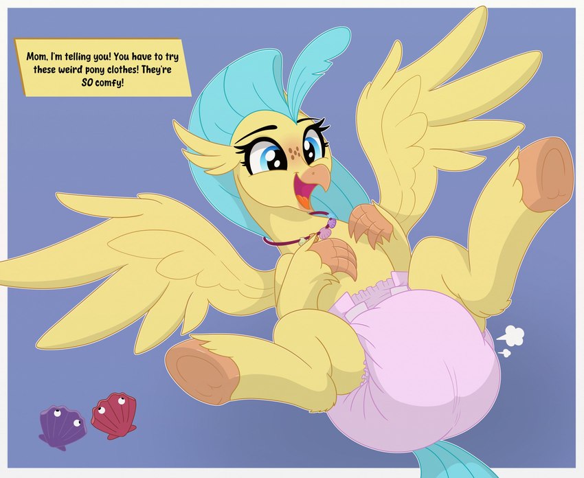 blue_eyes blush clothed clothing diaper diaper_fetish diaper_puff feet female feral hooves jewelry necklace pink_diaper solo spread_wings talons toes wearing_diaper wings yellow_body nineplusten european_mythology friendship_is_magic greek_mythology hasbro my_little_pony my_little_pony:_the_movie_(2017) mythology princess_skystar_(mlp) avian hippogriff mythological_avian mythological_creature hi_res