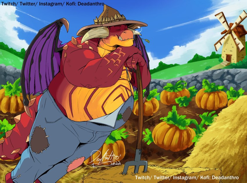 anthro belly big_belly bubble clothed clothing cloud day detailed_background eyebrows eyes_closed farmer fence food fruit garden hat headgear headwear hoe horn male membrane_(anatomy) membranous_wings outside overalls overalls_only overweight overweight_anthro overweight_male plant pumpkin redneck sky sleeping smile solo standing tail teeth text tools windmill wings deadanthro activision mythology spyro_reignited_trilogy spyro_the_dragon cyprin_(spyro) rescued_dragons_(spyro) dragon mythological_creature mythological_scalie scalie 2022 hi_res signature url