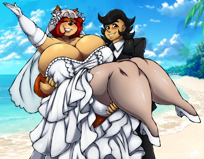 anthro beach big_breasts breasts bridal_carry bride carrying_another cleavage clothed clothing dress duo female groom huge_breasts human_on_anthro interspecies legwear looking_at_viewer male male/female seaside text thick_thighs thigh_highs wedding_dress superix mama_maria canid canine canis domestic_dog human mammal absurd_res english_text hi_res