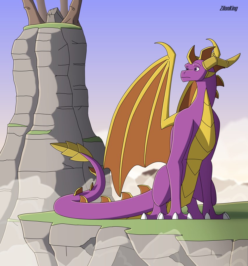 anthro boulder claws cliff cloud horn male plant purple_body purple_eyes rock sky solo tail tree wings zilonking activision mythology spyro_the_dragon spyro dragon mythological_creature mythological_scalie scalie 2023 absurd_res digital_media_(artwork) hi_res signature