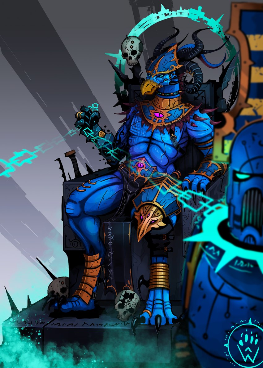 anthro armor beak beak_ring black_sclera blue_body blue_eyes bone bottomwear chain chain_leash chair chaos_space_marine claws clothing collar digit_ring duo furniture horn horn_jewelry horn_ring jewelry leash leashed_collar loincloth looking_at_viewer machine magic_leash magic_user male multi_horn power_armor ring_(jewelry) runes scar sitting skull throne toe_claws wolfdawg warhammer_(franchise) warhammer_40000 chaos_sorcerer thousand_sons avian beastman_(warhammer) human mammal tzaangor 2024 absurd_res hi_res