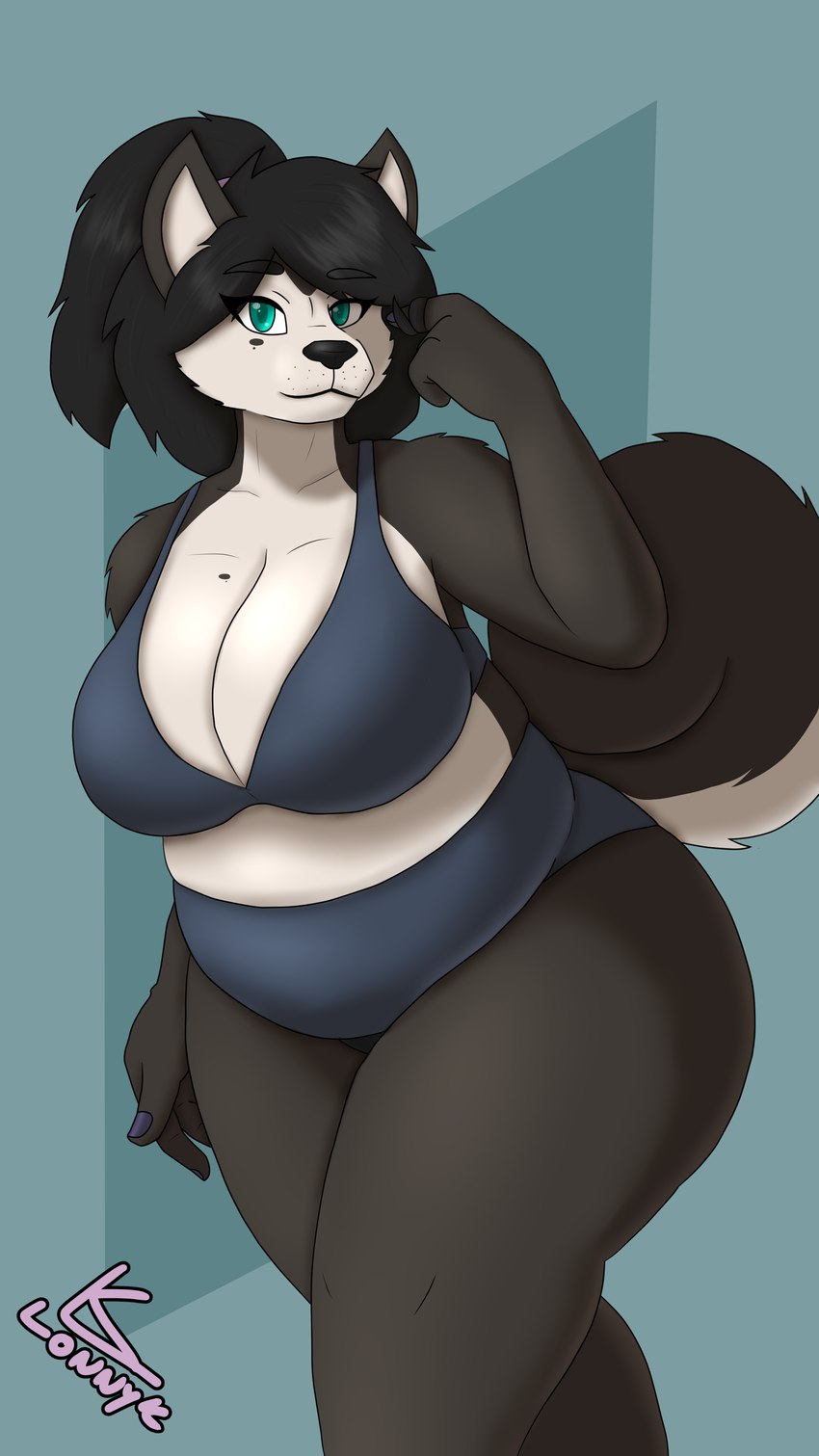 anthro big_breasts bikini breasts cleavage clothed clothing colored_nails curvy_figure female huge_breasts markings mole_(marking) nails overweight overweight_female playing_with_hair solo swimwear two-piece_swimsuit wide_hips lonnyk kayla_(lonnyk) canid canine canis domestic_dog husky mammal nordic_sled_dog spitz 4k 9:16 absurd_res hi_res