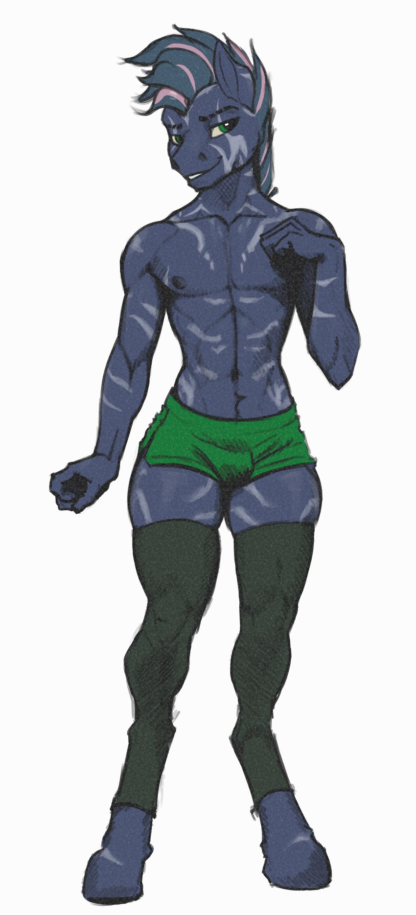 abs anthro athletic athletic_male bottomwear bulge clothing dolphin_shorts femboy hooves leggings legwear looking_at_viewer male muscular muscular_femboy pecs shorts slim smile smirk solo twunk unguligrade rizzyofen rizzy_stripe equid equine mammal zebra absurd_res hi_res