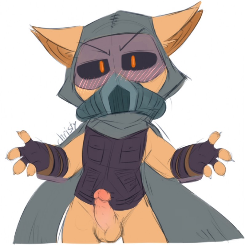 4_fingers anthro arms_out balls blush bottomless clothed clothing erection eyewear fingers front_view genitals glasses gloves handwear heart_symbol hoodie humanoid_genitalia humanoid_penis looking_at_viewer male mask penis scarf solo standing suit topwear senz veigar-chan league_of_legends riot_games tencent fan_character teemo_the_yiffer mammal yordle 2018 colored_sketch sketch