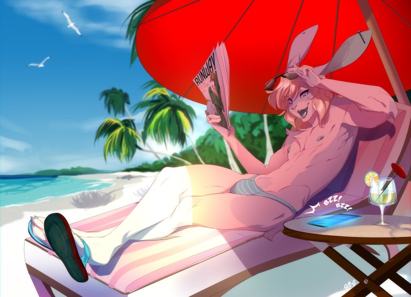 alcohol beach beverage bikini bottomwear bulge clothed clothing dangling_flip_flop eyewear femboy footwear looking_at_viewer male nipples open_mouth panties sand sea seaside sky solo sunbathing sunglasses swimwear topless two-piece_swimsuit umbrella under_shade underwear water peritian lagomorph leporid mammal rabbit digital_media_(artwork) hi_res