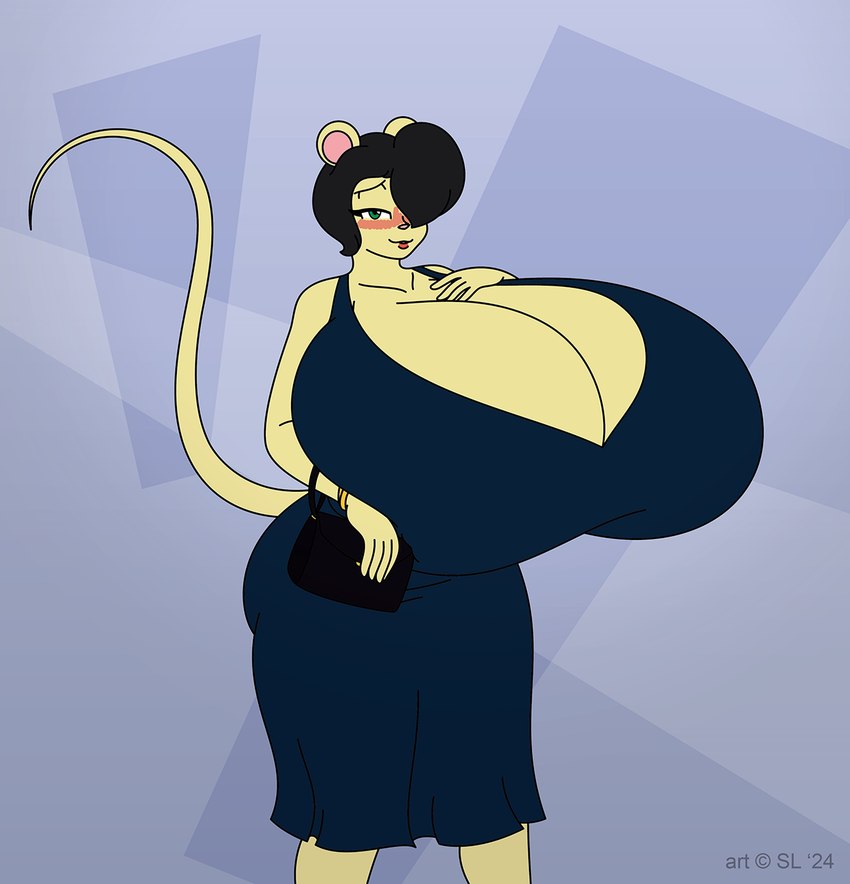 anthro big_breasts black_hair blush breasts clothing copyright_symbol dress female green_eyes hair huge_breasts hyper hyper_breasts one_eye_obstructed purse solo symbol satsumalord gina_(satsumalord) mammal mouse murid murine rodent 2024 digital_media_(artwork) hi_res