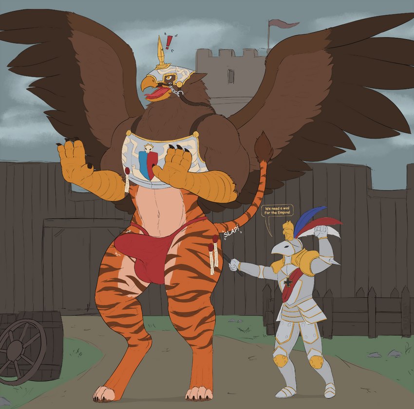 action_pose anthro armor balls barrel beak big_bulge brown_body brown_fur bulge butt_slap claws clothing contact_onomatopoeia dialogue_box duo erection fluffy fur genitals heavy_armor impact_onomatopoeia larger_male male onomatopoeia orange_body orange_fur pawpads paws pose size_difference sky slap slap_(sound_effect) smaller_male sound_effects spanking standing stripes terrain text thong tongue underwear wings yellow_eyes psixoy wolfarion mythology warhammer_(franchise) warhammer_fantasy deathclaw_(warhammer_fantasy) avian felid gryphon humanoid hybrid mammal mythological_avian mythological_creature pantherine tiger 2021 artist_name colored english_text hi_res