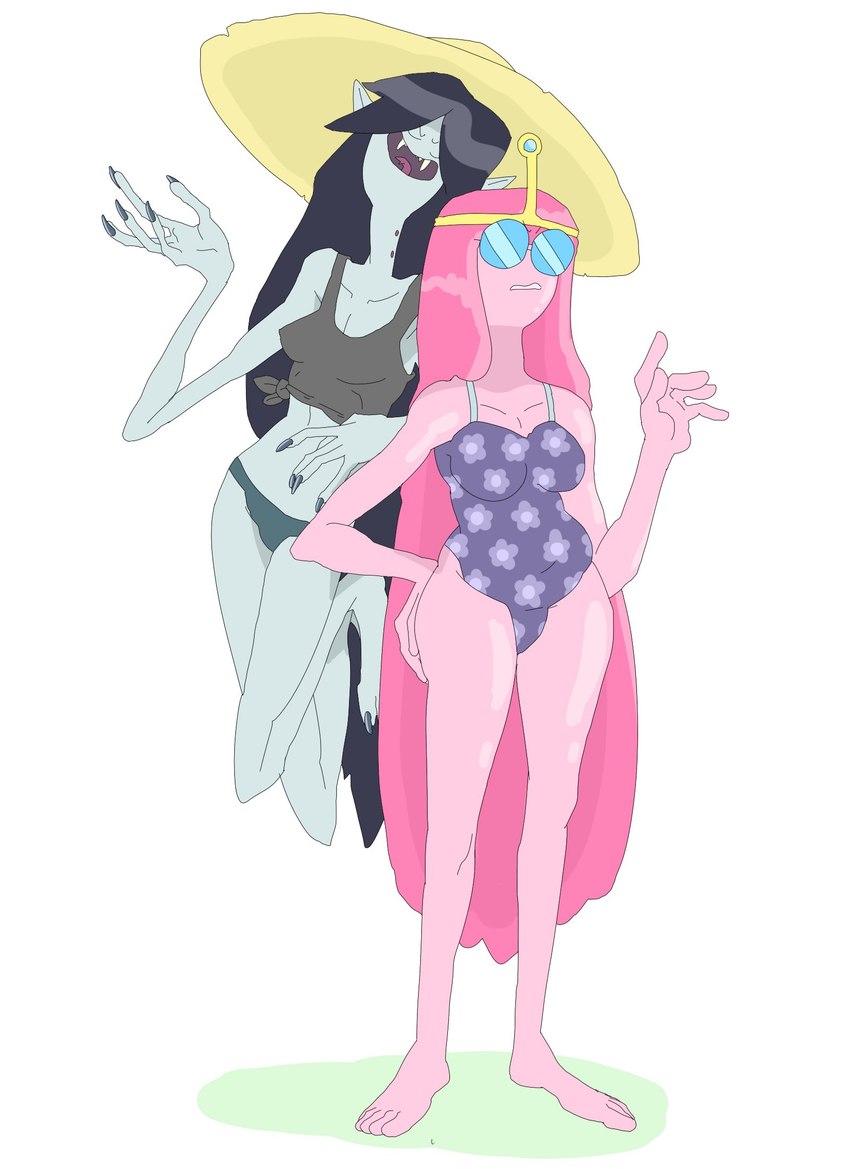 5_fingers bikini bikini_bottom black_hair breasts bubblegum_hair candy clothed clothing crown dessert duo eyes_closed eyewear fangs feet female female/female fingernails fingers floral_pattern food food_hair forked_tongue grey_body grey_clothing grey_shirt grey_skin grey_tank_top grey_topwear hair hat headgear headwear humanoid_pointy_ears long_fingernails long_hair long_nails long_toenails nails one-piece_swimsuit open_mouth pink_body pink_hair pointy_ears princess pseudo_hair purple_one-piece_swimsuit royalty shirt simple_background slightly_chubby sun_hat sunglasses swimwear tank_top teeth tied_shirt toenails toes tongue topwear two-piece_swimsuit white_background peeppepi adventure_time cartoon_network marceline_abadeer princess_bubblegum candy_people_(at) food_creature half_demon humanoid living_candy vampire 2020 hi_res