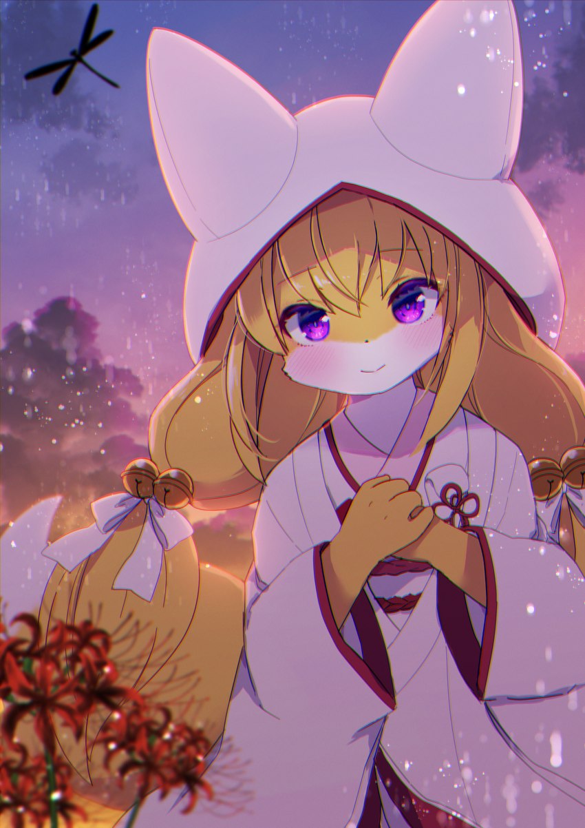 accessory anthro asian_clothing bell blonde_hair clasped_hands clothed clothing dress dutch_angle east_asian_clothing female flower fur furgonomics hair hair_accessory hair_ribbon hood japanese_clothing kemono kimono long_hair looking_at_viewer outside plant purple_eyes ribbons shiromuku smile solo spider_lily sunset wedding_dress yellow_body yellow_fur young kemoribbon ambient_arthropod ambient_dragonfly ambient_insect arthropod canid canine dragonfly fox insect mammal chromatic_aberration hi_res