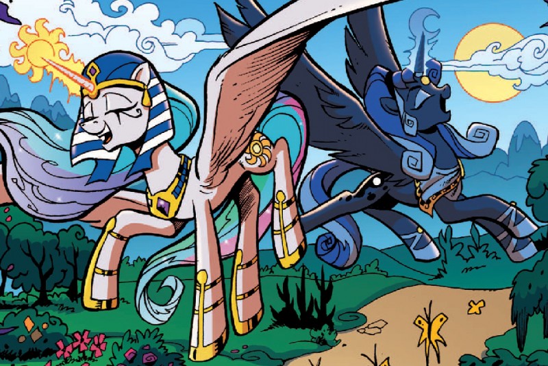 collar crown cutie_mark duo egyptian feathered_wings feathers female feral flying glowing greek hair headgear horn jewelry magic multicolored_hair necklace purple_eyes reformed smile sparkles wings unknown_artist hasbro idw_publishing my_little_pony my_little_pony_(idw) mythology artemis_luna_(idw) ra_celestia_(idw) equid equine mammal mythological_creature mythological_equine winged_unicorn official_art