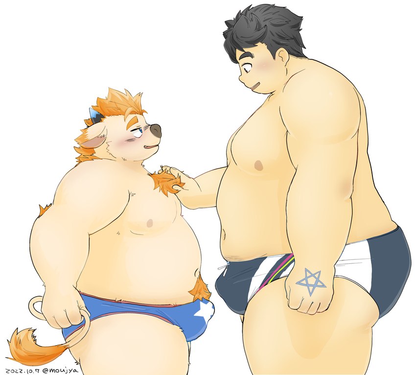 anthro blush bulge clothing duo human_on_anthro humanoid_hands interspecies kemono male male/male male_human moobs navel nipples overweight overweight_anthro overweight_human overweight_male simple_background underwear young moujya lifewonders tokyo_afterschool_summoners babe_bunyan_(tas) chubby_protagonist_(tas) protagonist_(tas) bovid bovine cattle human mammal 2022 hi_res