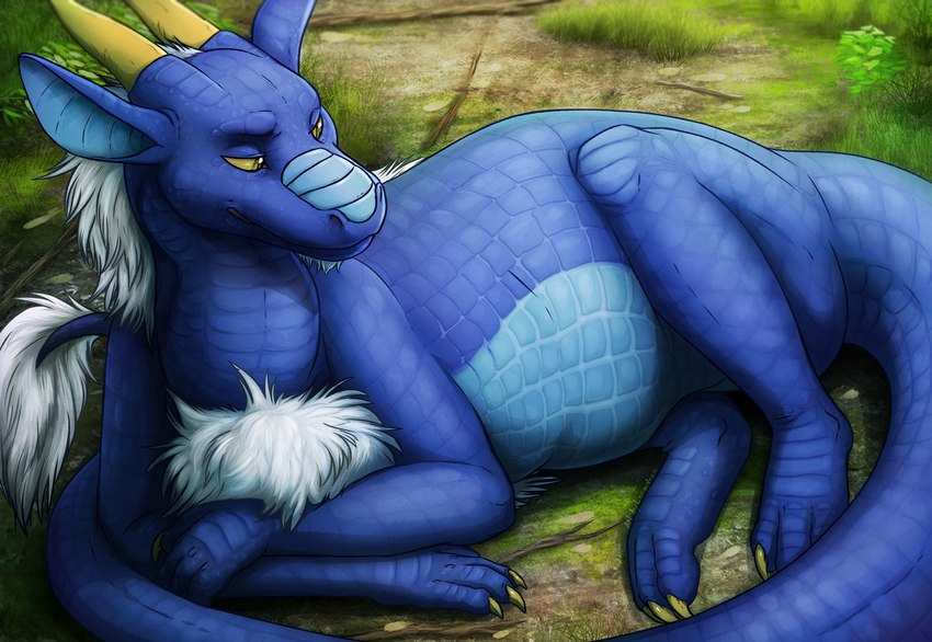 blue_body blue_scales chest_tuft claws detailed_background feral fur grass horn lying male neck_tuft outside paws plant quadruped scales solo tail tail_tuft tuft white_body white_fur yellow_eyes lemondeer mythology flaps_(character) dragon mythological_creature mythological_scalie scalie wingless_dragon hi_res