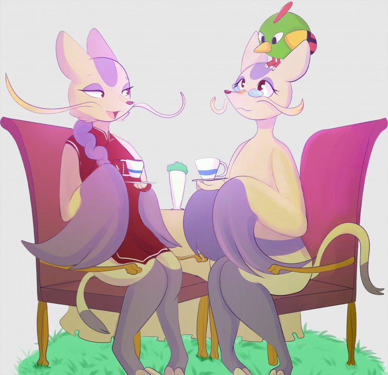 anthro beverage chair claws clothing dress eyewear female fur furniture glasses group hair mature_anthro mature_female nude red_eyes table tea whiskers kitsunekotaro nintendo pokemon shoa_mien generation_2_pokemon generation_5_pokemon mienshao natu pokemon_(species) hi_res