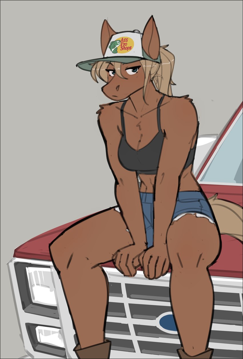 anthro blonde_hair brown_body brown_fur car car_hood clothing female footwear fur hair looking_at_viewer motor_vehicle ponytail sitting_on_vehicle solo suv vehicle 427deer ford ford_bronco equid equine horse mammal absurd_res hi_res tagme