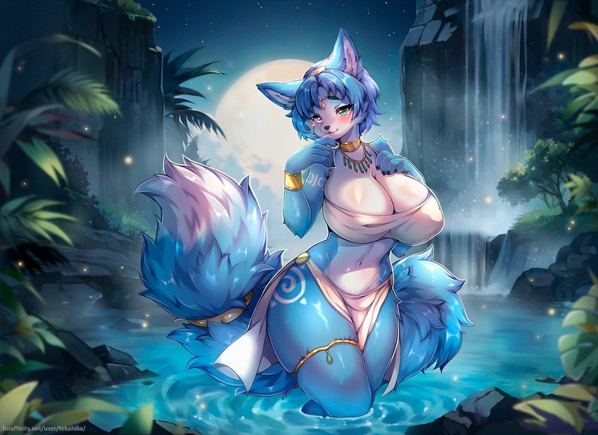 anthro big_breasts biped blue_body blue_fur blue_hair blush breasts cheek_tuft cleavage clothed clothing countershade_face countershade_fur countershade_torso countershading detailed_background dipstick_tail eyebrows eyelashes facial_tuft female fur green_eyes hair jewelry legband looking_at_viewer markings moon navel necklace night open_mouth outside partially_submerged plant pool rock snout solo standing_in_water tail tail_markings text thick_thighs thighband topwear tree tuft water waterfall white_body white_fur white_markings white_tail_tip tekahika nintendo star_fox krystal_(star_fox) canid canine fox mammal 2024 digital_media_(artwork) shaded url