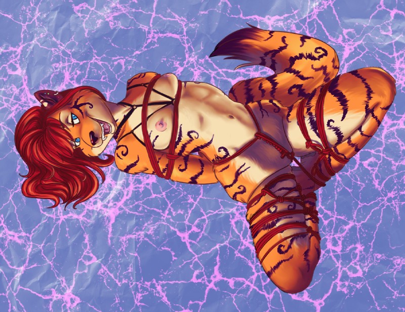 anthro bdsm bondage bound breasts female fur hair nipples nude open_mouth orange_body orange_fur red_hair restraints rope rope_bondage rope_harness simple_background smile solo submissive submissive_female teeth tongue lizebra nikara felid mammal pantherine tiger 2018 digital_media_(artwork)