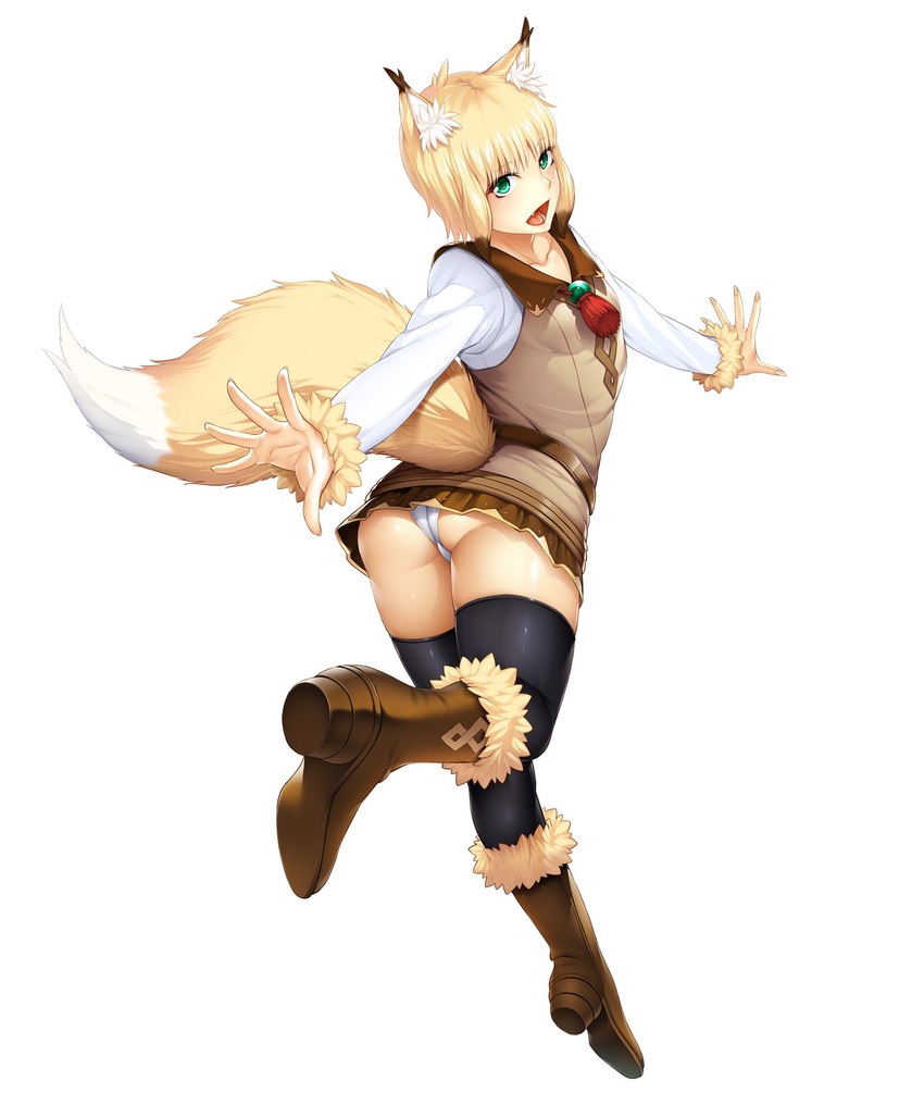 black_clothing black_legwear black_thigh_highs blonde_hair boots bottomwear breasts brown_boots brown_bottomwear brown_clothing brown_footwear brown_skirt butt butt_pose clothed clothing female flat_chested footwear fur_boots green_eyes hair inner_ear_fluff legwear light_body light_skin looking_at_viewer looking_back miniskirt panties panty_shot pose shoes skirt solo tail thigh_highs tuft underwear upskirt white_clothing white_panties white_sleeves white_underwear yellow_tail nobushito taimanin_(series) taimanin_asagi bridget_(taimanin_asagi) animal_humanoid canid canid_humanoid canine canine_humanoid fox_humanoid humanoid mammal mammal_humanoid absurd_res digital_media_(artwork) hi_res