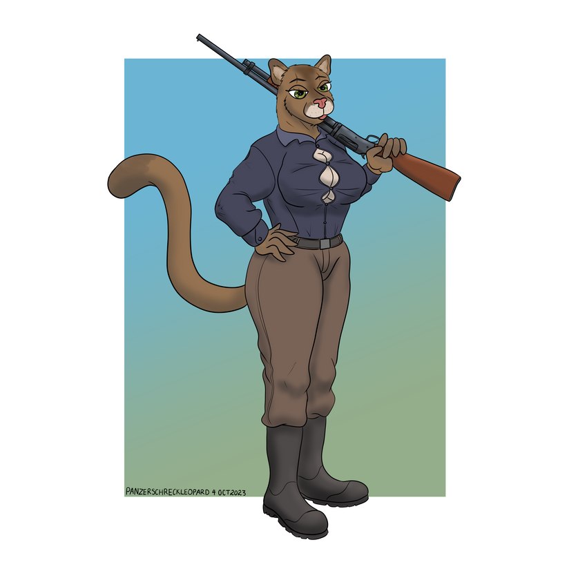 anthro belt blue_clothing breasts brown_body brown_clothing brown_fur button_(fastener) cleavage clothed clothing dipstick_ears dipstick_tail dress_shirt ear_markings female fur gradient_background green_eyes gun gun_on_shoulder hand_on_hip looking_at_viewer markings multicolored_ears ranged_weapon shirt shotgun simple_background solo straining_buttons tail tail_markings tan_body tan_fur topwear weapon winchester_1897 panzerschreckleopard carol_shepherd cougar felid feline mammal 1:1 2023 absurd_res colored hi_res