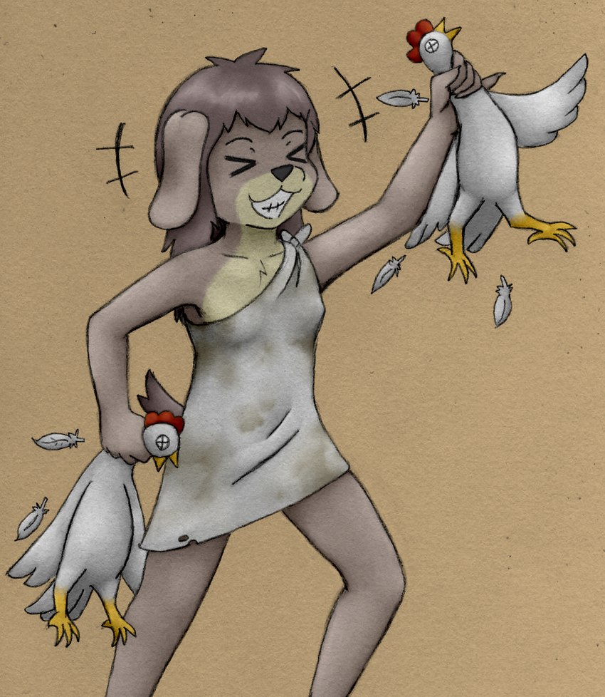 >.< anthro avian_feet beak biped black_nose breasts clothed clothing corpse death eyebrows eyes_closed female feral grey_body grey_hair grin group hair holding_another holding_by_neck holding_character neck_grab rags short_hair simple_background small_breasts smile standing teeth throat_grab trio young young_anthro young_female animew biske_linu_(animew) avian bird canid canine canis chicken domestic_dog galliform gallus_(genus) mammal phasianid 2023 hi_res