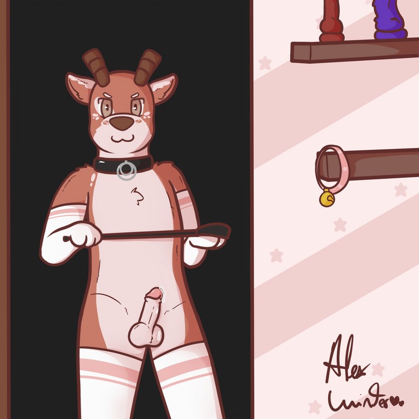 anthro antlers armwear balls bell bell_collar bodily_fluids clothing collar dildo dominant dominant_anthro dominant_male elbow_gloves erection femboy fur genital_fluids genitals gloves handwear horn legwear looking_at_viewer male messy nude paws penis precum scut_tail sex_toy short_tail smile smug smug_face smug_grin solo stockings tail thigh_highs vein veiny_penis whip alex_winter_(artist) alex_winter deer mammal 1:1 digital_media_(artwork) hi_res