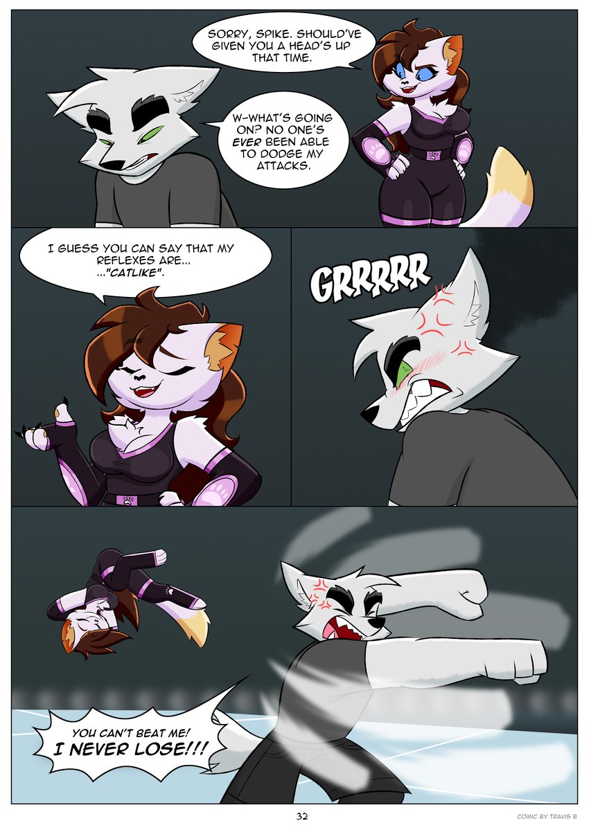 anime_reference anthro border dialogue female male text white_border travis_the_dragon travis_the_dragon_dimension_ride_(comic_series) mileena_smith_(travis_the_dragon) spike_fergison_(travis_the_dragon) canid canine felid feline mammal absurd_res comic english_text hi_res