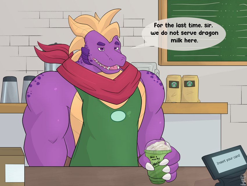 aged_up anthro apron beverage brick_wall cafe clothing coffee_shop dairy_products dialogue food inside kerchief male menu_board milkshake muscular open_mouth product_placement purple_body solo speech_bubble text unimpressed wall_(structure) whipped_cream donttouchmylasagna activision i_mean_breast_milk mythology spyro_the_dragon starbucks balloonist_spyro spyro dragon mythological_creature mythological_scalie scalie 2022 4:3 digital_media_(artwork) english_text half-length_portrait meme portrait