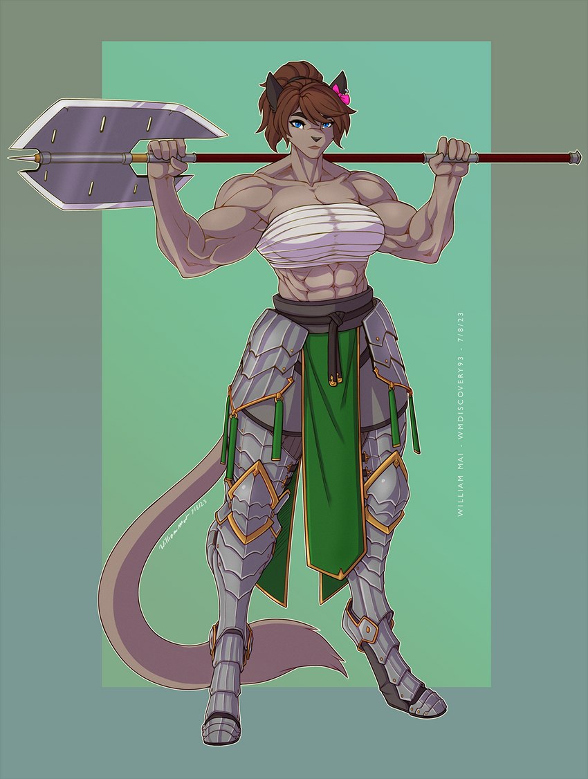 abs anthro armor axe blue_eyes double_bitted_axe female fingers greataxe heavy_armor holding_melee_weapon holding_object holding_weapon medieval medieval_armor melee_weapon muscular muscular_female plate_armor polearm simple_background solo weapon wmdiscovery93 nielo_(gamal) cougar felid feline hybrid mammal 2023 digital_media_(artwork) hi_res