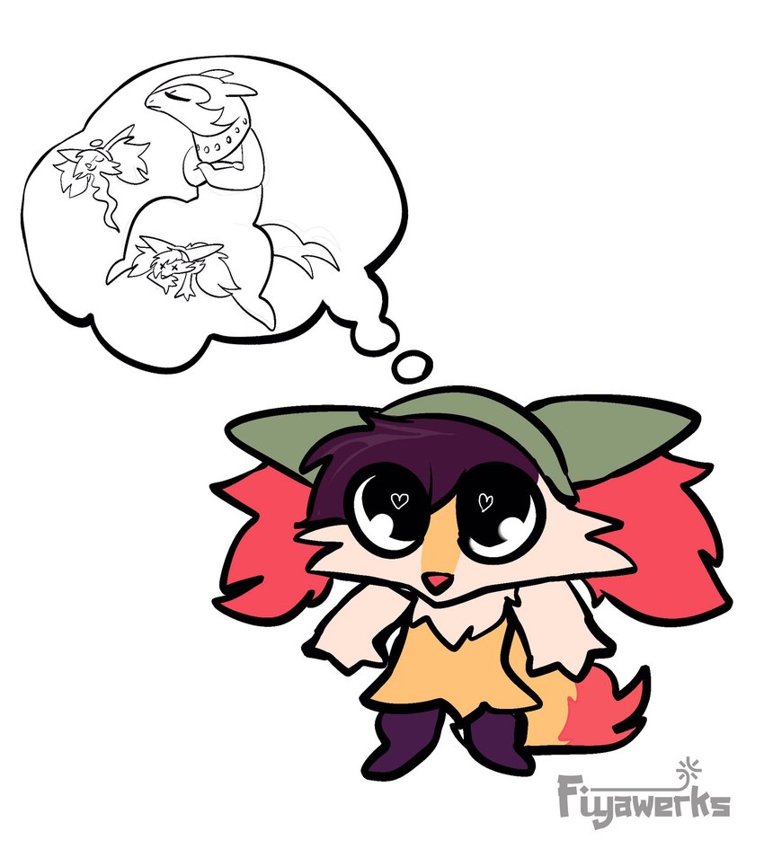 anthro beanie chibi clothing death hair hat headgear headwear humor looking_up sitting_on_another thought_bubble fiyawerks nintendo pokemon fiya braixen generation_6_pokemon generation_8_pokemon hisuian_form hisuian_typhlosion pokemon_(species) regional_form_(pokemon) hi_res meme