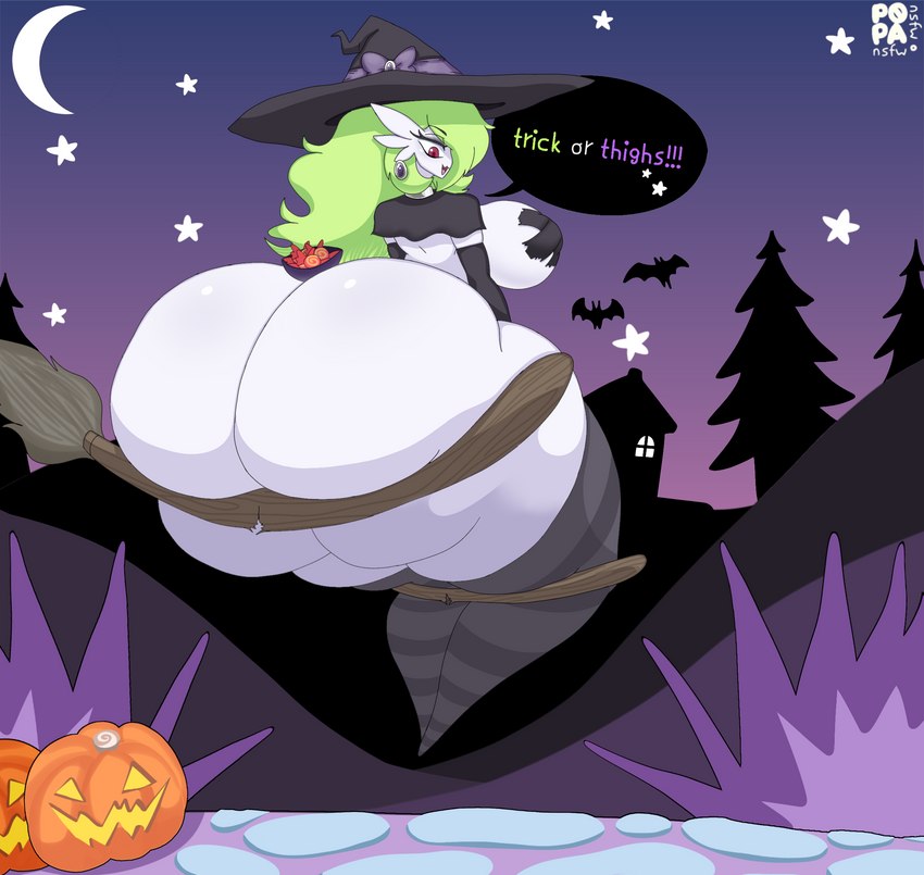 big_breasts big_butt breasts broom broom_riding butt candy cleaning_tool clothed clothing costume dessert dialogue female food fruit green_hair hair halloween_costume halloween_decoration hat headgear headwear holidays huge_breasts huge_butt hyper hyper_butt jack-o'-lantern legwear magic_user moon not_furry nude open_mouth plant pumpkin red_eyes smile solo speech_bubble text thick_thighs tongue wide_hips witch witch_hat popansfw halloween nintendo pokemon gardevoir generation_3_pokemon humanoid pokemon_(species) digital_media_(artwork) english_text hi_res