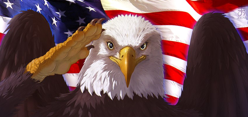 american_flag anthro beak black_claws brown_body brown_feathers claws feathers feet flag flag_background gesture looking_at_viewer male salute scales smile smiling_at_viewer solo talons toes united_states_of_america white_body white_feathers wings yellow_body yellow_eyes yellow_scales zenthetiger alcander accipitrid accipitriform avian bald_eagle bird eagle sea_eagle hi_res