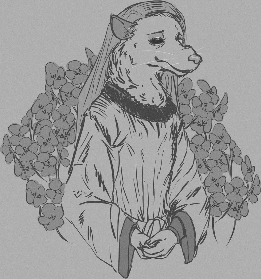 anthro buckteeth clothing female flower medieval pansy_(flower) plant simple_background solo teeth violet_(flower) whiskers herrgimbal ghost_of_a_tale mammal murid murine rat rodent digital_media_(artwork) hi_res monochrome