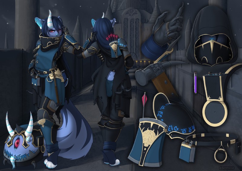 ankle_cuffs anthro armor arrow_(weapon) belt bevor biped black_hair blue_body blue_skin book buckle claws cloak clothed clothing crossbow cuff_(restraint) detailed_background digitigrade ear_piercing female fur gloves grey_body grey_fur hair hammer handwear headgear helmet hidden_blade hood hood_up horn long_hair looking_at_viewer melee_weapon night open_mouth outside pauldron piercing quiver_(object) ranged_weapon red_eyes restraints runes shackles sky smile solo standing star tail tail_mouth tongue tongue_out tools unusual_anatomy unusual_tail warhammer weapon tokaido jackthekipper warhammer_(franchise) warhammer_fantasy faedora unknown_species 2015 digital_media_(artwork) model_sheet