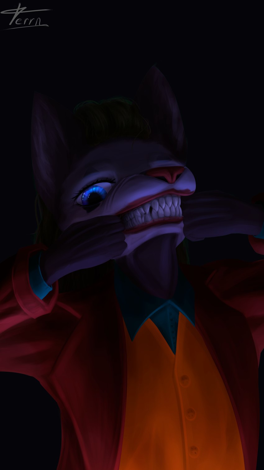 anthro black_body black_fur black_tie_(suit) blue_eyes clothed clothing female fur green_hair hair lips looking_at_viewer red_lips red_nose shirt simple_background solo suit teeth teeth_showing topwear vest white_face ferrn batman_(series) dc_comics joker_(2019_film) the_joker toshi_(ferrn) felid feline mammal pantherine painted_(disambiguation) 9:16 absurd_res digital_media_(artwork) hi_res huge_filesize