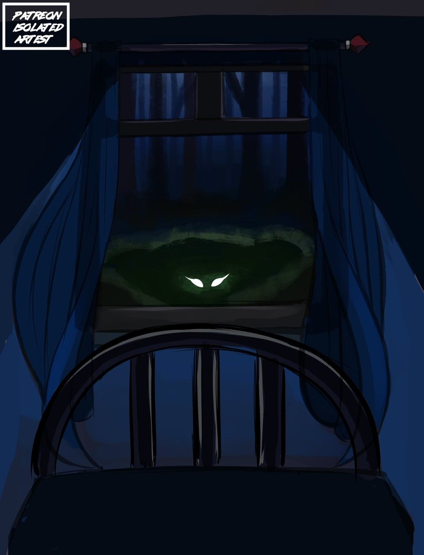 bed bedframe creepy curtains curtains_open dark_room first_person_view forest furniture glowing glowing_eyes open_window plant scary tree window zero_pictured isolatedartest 2023 digital_media_(artwork) hi_res