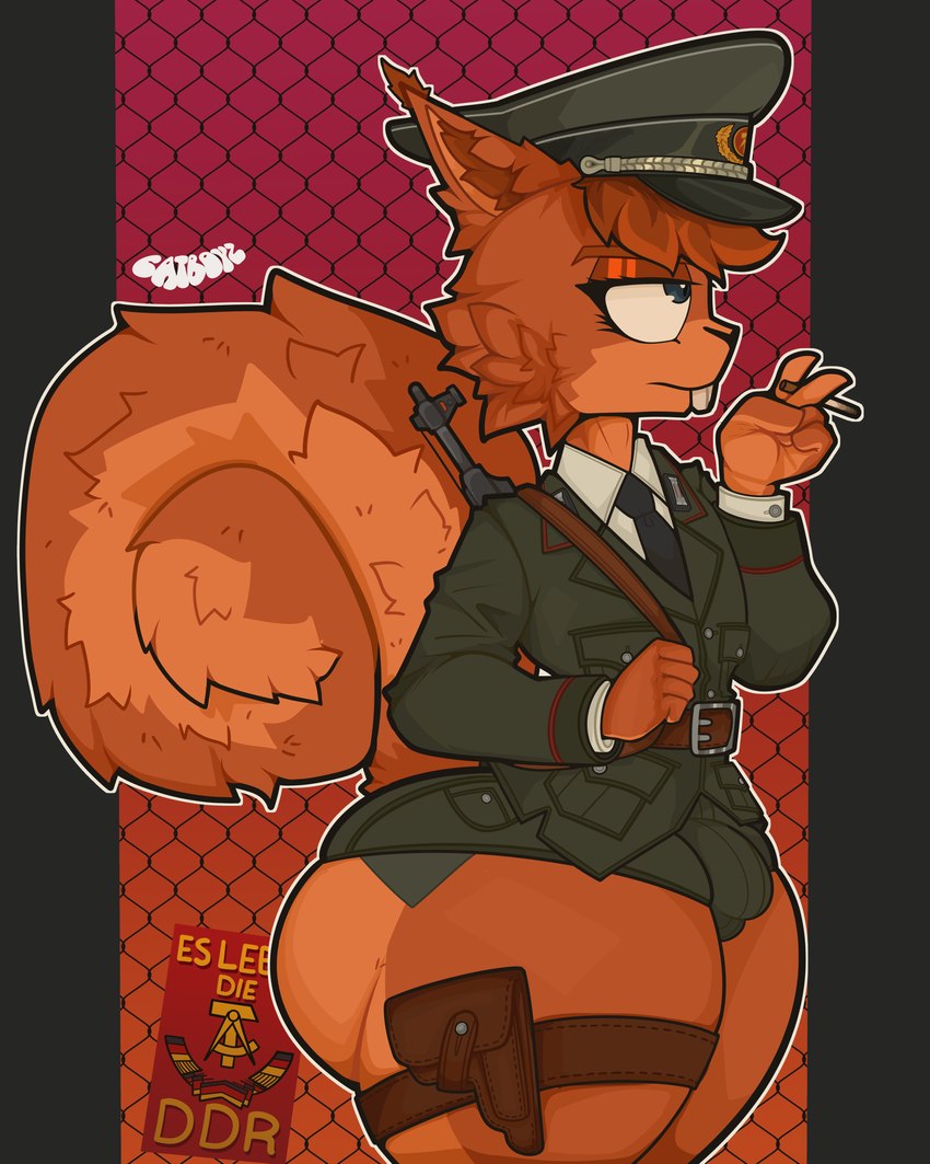 anthro big_butt blue_eyes bottomwear buckteeth bulge butt cigarette clothed clothing communism detailed_bulge fur german_flag germany gun hair hat headgear headwear holding_cigarette holding_object holster holstered_pistol hotpants huge_butt male military military_cap military_clothing military_uniform necktie orange_body orange_fur politics ranged_weapon shorts simple_background solo tail teeth text thick_thighs thigh_holster topwear uniform weapon wide_hips catboyz german_democratic_republic komissar_karl mammal rodent sciurid tree_squirrel absurd_res digital_media_(artwork) german_text hi_res translated