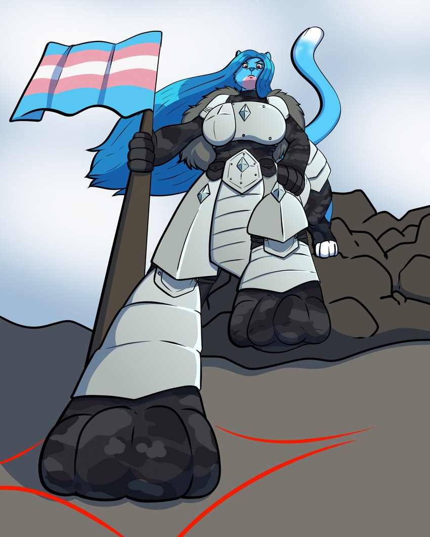 armor blue_body blue_fur blue_hair blue_nose breasts clothed clothing cloud cloudy_sky countershade_face countershading dipstick_tail eyebrows eyelashes female female_taur flag flag_(object) fur glare hair holding_flag holding_object lgbt_pride markings multicolored_body multicolored_fur outside pink_body pink_countershading pink_fur pride_color_flag pride_colors quadruped red_eyes sky solo standing tail tail_markings transgender_pride_colors axelferdinan chakat_hardscrabble chakat felid felid_taur mammal mammal_taur taur 2023 digital_media_(artwork) hi_res herm_(lore)