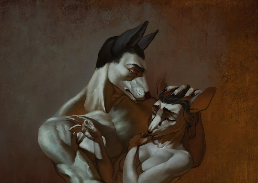 5_fingers anthro breasts duo fingers hair hug male muscular muscular_anthro muscular_male nude selfcest short_hair square_crossover bra1neater antelope bovid dik-dik mammal true_antelope 2022 digital_media_(artwork) hi_res portrait