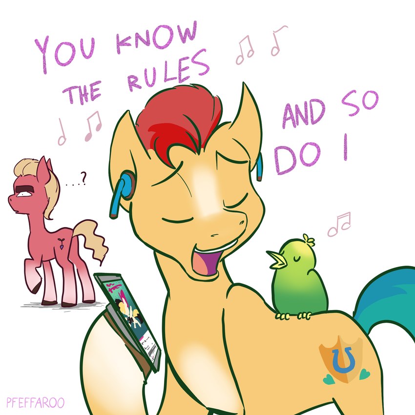 blonde_hair cellphone cutie_mark earbuds electronics group hair headphones male musical_note musical_symbol phone red_hair rick_rolled simple_background singing smartphone symbol trio white_background pfeffaroo friendship_is_magic hasbro mlp_g5 my_little_pony my_little_pony:_the_movie_(2017) never_gonna_give_you_up rickroll hitch_trailblazer_(mlp) songbird_serenade_(mlp) sprout_cloverleaf_(mlp) avian bird earth_pony equid equine horse mammal pony 1:1 hi_res meme