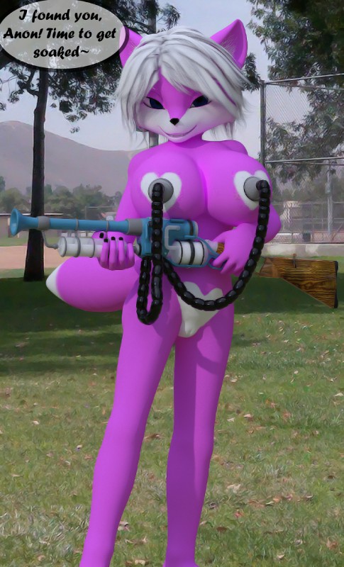 anthro big_breasts blue_eyes bodily_fluids breast_milking breasts dialogue female fur genitals grass grin hair heart_symbol lactating machine milk_squirt_gun milking_machine outside park pink_body pink_fur plant pussy smile solo speech_bubble talking_to_viewer text toy toy_gun tree water_gun white_hair littlefisky yuni_hermit canid canine canis mammal wolf 3d_(artwork) digital_media_(artwork) english_text hi_res