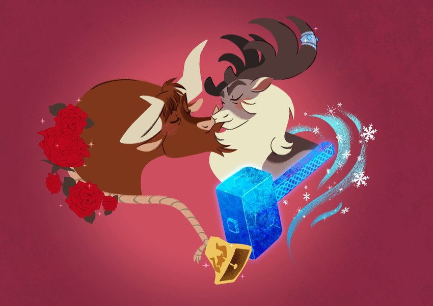 antlers bell blush brown_antlers brown_body brown_fur duo eyes_closed feral flower fur grey_body grey_fur hammer holidays horn kiss_on_lips kissing male male/male pink_background plant red_background rope rose_(flower) simple_background snow snowflake sparkles tools lindsay_towns them's_fightin'_herds valentine's_day stronghoof_hoofstrong texas_(tfh) bovid bovine cattle deer mammal new_world_deer reindeer 2023 hi_res